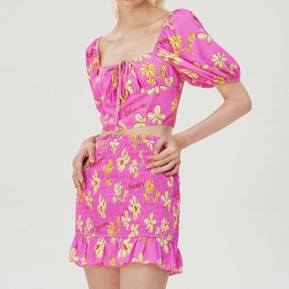 Cider 2 Piece Co ord Mini Skirt Set Pink & Yellow Floral Puff Sleeve Crop Top